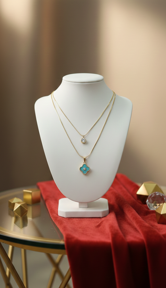 Double Layered Turquoise Clover & Cubic Zirconia Pendant Necklace, Artificial Stainless Steel - AK Jewellery